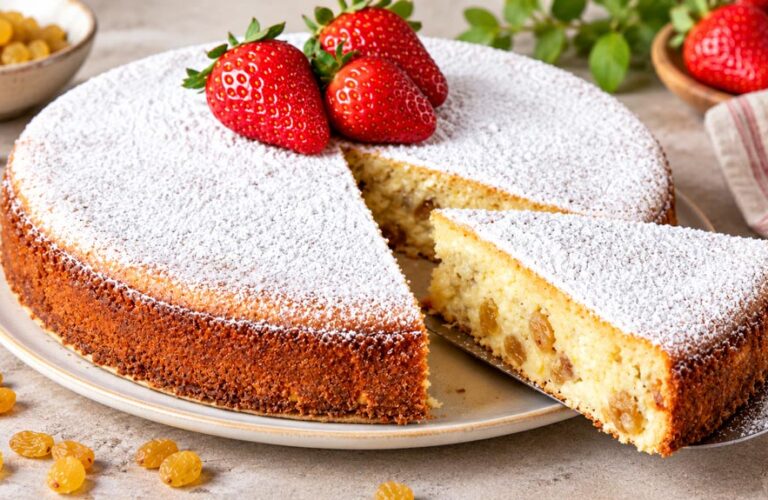 Pască fără aluat cu brânză dulce și stafide, pudrată cu zahăr