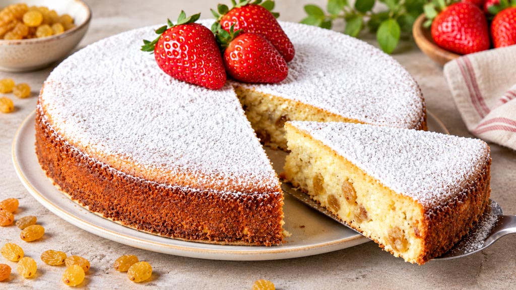 Pască fără aluat cu brânză dulce și stafide, pudrată cu zahăr