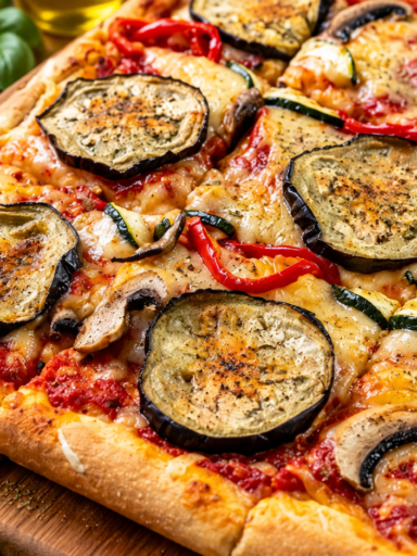 Pizza de casă cu vinete, dovlecel, ardei și ciuperci