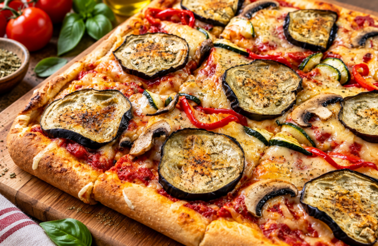 Pizza de casă cu vinete, dovlecel, ardei și ciuperci