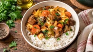 Carne de mânzat cu legume în stil oriental servită cu orez basmati