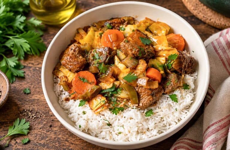 Carne de mânzat cu legume în stil oriental servită cu orez basmati