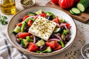 Salată grecească cu roșii, castravete, măsline și brânză feta