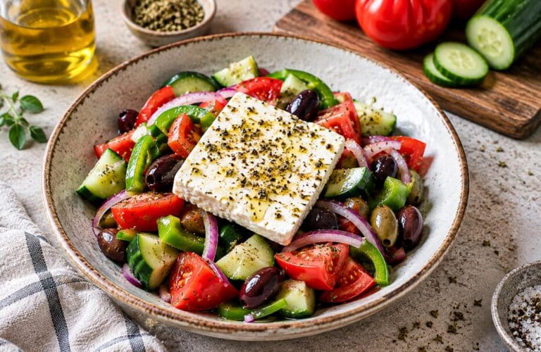 Salată grecească cu roșii, castravete, măsline și brânză feta