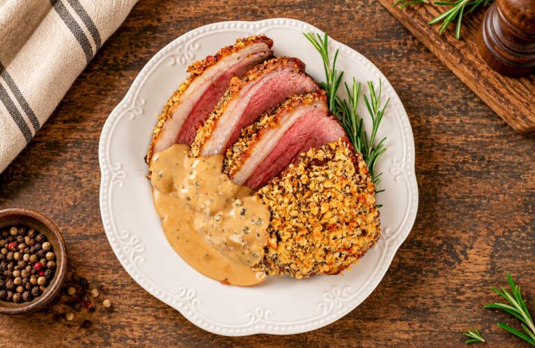 Picanha de vită cu sos de piper și crustă de parmezan