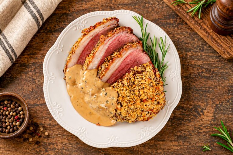 Picanha de vită cu sos de piper și crustă de parmezan
